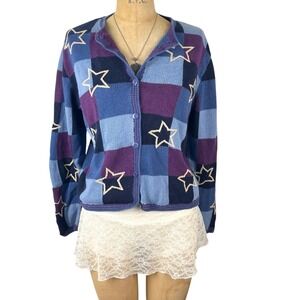 Vintage Embroidered Knit Patchwork Cardigan Christopher & Banks Star Sz L 90's